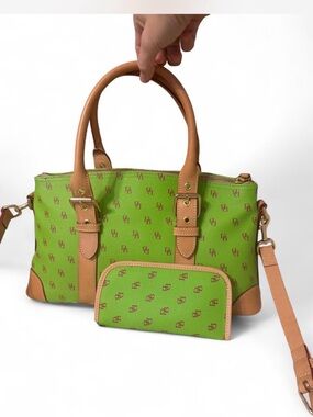 Dooney & Bourke Green Monogram Satchel with Matching Pouch
